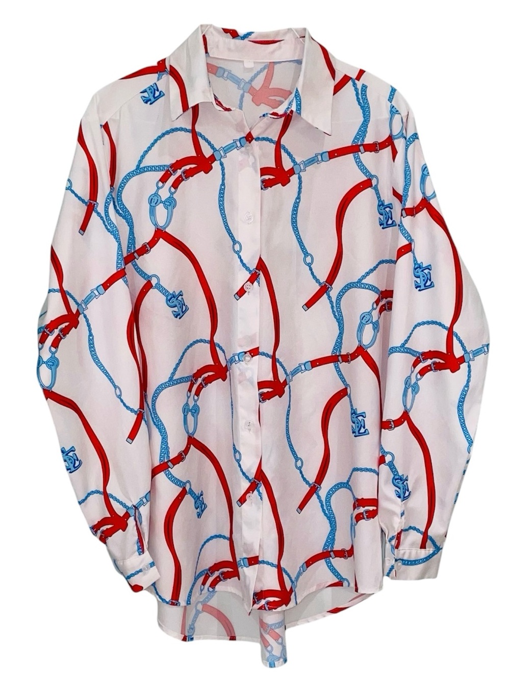 Button-Up Blouse with Equestrian/"YSL" Print